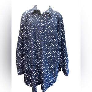 Old Navy Women's Top Size 3X Blue w/White Polka Dots Collared Long Sleeve Button